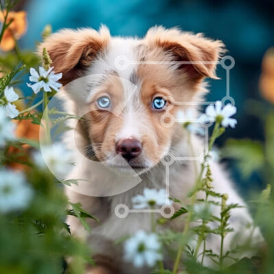 Intra Συλλεκτικό Ξύλινο Παζλ Plywood  4mm - Αξιολάτρευτο κουτάβι που κάθεται σε έναν κήπο με μπλε και λευκά λουλούδια Σε Ξύλινο Κουτί - Διαστάσεις: 10x10 cm – 25 κομμάτια - Image 1