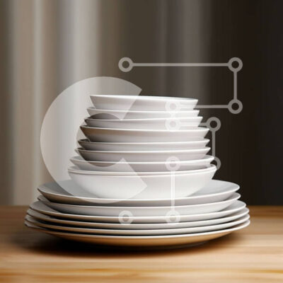 Intra Συλλεκτικό Ξύλινο Παζλ Plywood  4mm - Στοίβα από λευκά πιάτα σε ξύλινο τραπέζι Σε Ξύλινο Κουτί - Διαστάσεις Puzzle: 10x10 cm – 25 κομμάτια - Image 1