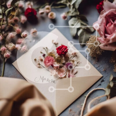 Intra Συλλεκτικό Ξύλινο Παζλ Plywood  4mm - Λευκός φάκελος με κόκκινο τριαντάφυλλο που περιβάλλεται από αποξηραμένα λουλούδια και πράσινο Σε Ξύλινο Κουτί - Διαστάσεις: 10x10 cm – 25 κομμάτια - Image 1