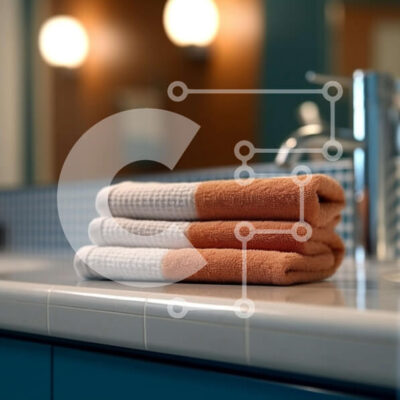 Intra Συλλεκτικό Ξύλινο Παζλ Plywood  4mm - Κοντινό πλάνο του νιπτήρα μπάνιου με πορτοκαλί πετσέτες στην κορυφή Σε Ξύλινο Κουτί - Διαστάσεις Puzzle: 10x10 cm – 25 κομμάτια - Image 1