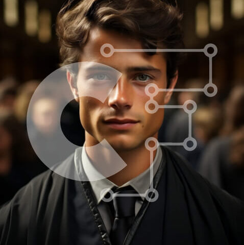 Intra Συλλεκτικό Ξύλινο Παζλ Plywood 4mm - Σοβαρός νεαρός άνδρας με μαύρη ρόμπα και γραβάτα που στέκεται σε ένα γεμάτο δωμάτιο Σε Ξύλινο Κουτί - Διαστάσεις Puzzle: 10x10 cm – 25 κομμάτια - Image 1