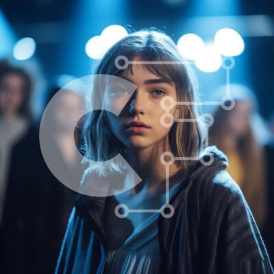 Intra Συλλεκτικό Ξύλινο Παζλ Plywood  4mm - Εικόνα μιας νεαρής γυναίκας με μαύρο κουκούλα που στέκεται μπροστά από μια ομάδα ανθρώπων Σε Ξύλινο Κουτί - Διαστάσεις Puzzle: 10x10 cm – 25 κομμάτια - Image 1