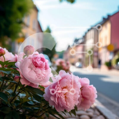 Intra Συλλεκτικό Ξύλινο Παζλ Plywood  4mm - Γοητευτικός δρόμος σε μια μικρή πόλη με πολύχρωμα κτίρια και ροζ λουλούδια Σε Ξύλινο Κουτί - Διαστάσεις Puzzle: 10x10 cm – 25 κομμάτια - Image 1