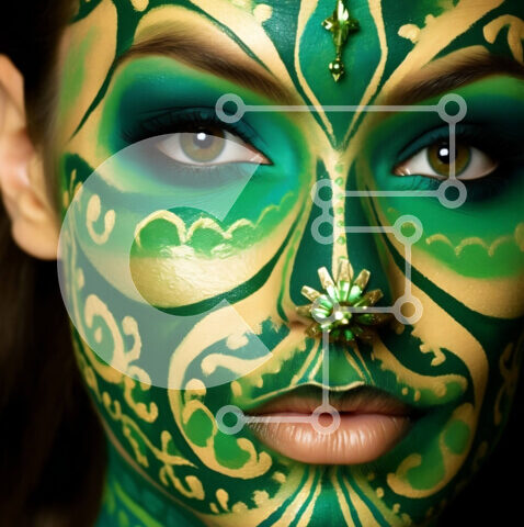 Intra Συλλεκτικό Ξύλινο Παζλ Plywood 4mm - Όμορφη γυναίκα με πράσινο πρόσωπο και χρυσά σχέδια Σε Ξύλινο Κουτί - Διαστάσεις Puzzle: 10x10 cm – 25 κομμάτια - Image 1