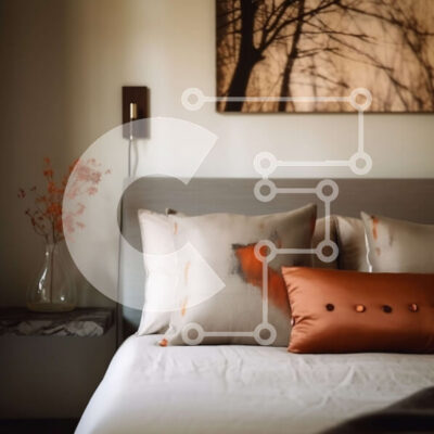 Intra Συλλεκτικό Ξύλινο Παζλ Plywood  4mm - Μινιμαλιστικός σχεδιασμός κρεβατοκάμαρας με λευκό κρεβάτι και πορτοκαλί μαξιλάρια Σε Ξύλινο Κουτί - Διαστάσεις Puzzle: 10x10 cm – 25 κομμάτια - Image 1