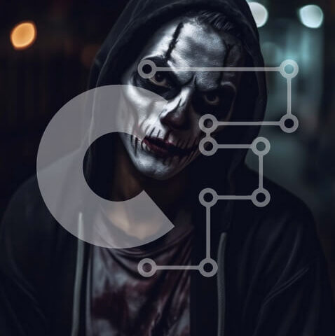 Intra Συλλεκτικό Ξύλινο Παζλ Plywood  4mm - Σκοτεινή και μυστηριώδης εικόνα ενός άνδρα με λαμπερά πράσινα μάτια και λευκή μπογιά προσώπου Σε Ξύλινο Κουτί - Διαστάσεις Puzzle: 10x10 cm – 25 κομμάτια - Image 1