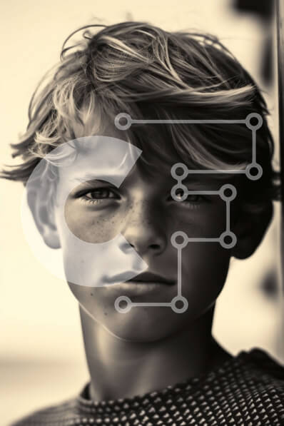 Intra Συλλεκτικό Ξύλινο Παζλ Plywood  4mm - Πορτρέτο ενός νεαρού αγοριού με κυματιστά ξανθά μαλλιά και μπλε μάτια Σε Ξύλινο Κουτί - Διαστάσεις Puzzle: 10x10 cm – 25 κομμάτια