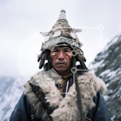 Intra Συλλεκτικό Ξύλινο Παζλ Plywood 4mm - Ασπρόμαυρη εικόνα ενός άνδρα με παραδοσιακή ενδυμασία και κόμμωση ενάντια σε ένα χιονισμένο βουνό Σε Ξύλινο Κουτί - Διαστάσεις Puzzle: 10x10 cm – 25 κομμάτια - Image 1