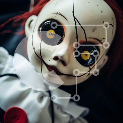 Intra Συλλεκτικό Ξύλινο Παζλ Plywood 4mm - Ανατριχιαστική κούκλα με κόκκινα μαλλιά και κίτρινα μάτια Σε Ξύλινο Κουτί - Διαστάσεις Puzzle: 10x10 cm – 25 κομμάτια - Image 1