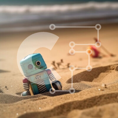 Intra Συλλεκτικό Ξύλινο Παζλ Plywood  4mm - Χαριτωμένη εικόνα ενός ρομπότ παιχνιδιού στην παραλία μια ηλιόλουστη μέρα Σε Ξύλινο Κουτί - Διαστάσεις: 10x10 cm – 25 κομμάτια - Image 1