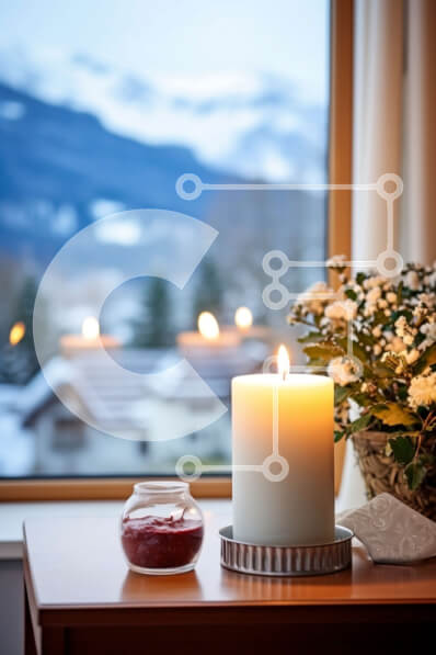 Intra Συλλεκτικό Ξύλινο Παζλ Plywood  4mm - Κερί, λουλούδια και πράσινο στο τραπέζι με τα χιονισμένα βουνά Σε Ξύλινο Κουτί - Διαστάσεις Puzzle: 10x10 cm – 25 κομμάτια