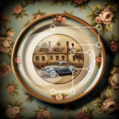 Intra Συλλεκτικό Ξύλινο Παζλ Plywood  4mm - Όμορφη εικόνα μπλε αυτοκινήτου με ροζ και λευκά τριαντάφυλλα στον τοίχο του σπιτιού Σε Ξύλινο Κουτί - Διαστάσεις Puzzle: 10x10 cm – 25 κομμάτια - Image 1