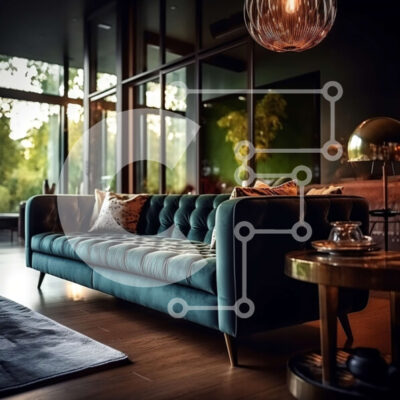 Intra Συλλεκτικό Ξύλινο Παζλ Plywood 4mm - Άνετο και εκλεπτυσμένο σαλόνι με μπλε βελούδινο καναπέ και μεγάλα παράθυρα Σε Ξύλινο Κουτί - Διαστάσεις Puzzle: 10x10 cm – 25 κομμάτια - Image 1