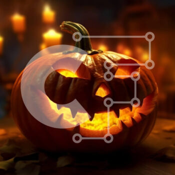 Intra Συλλεκτικό Ξύλινο Παζλ Plywood  4mm - Απόκοσμη κολοκύθα Jack-o'-lantern με λαμπερό πρόσωπο σε ξύλινο τραπέζι Σε Ξύλινο Κουτί - Διαστάσεις: 10x10 cm – 25 κομμάτια - Image 1