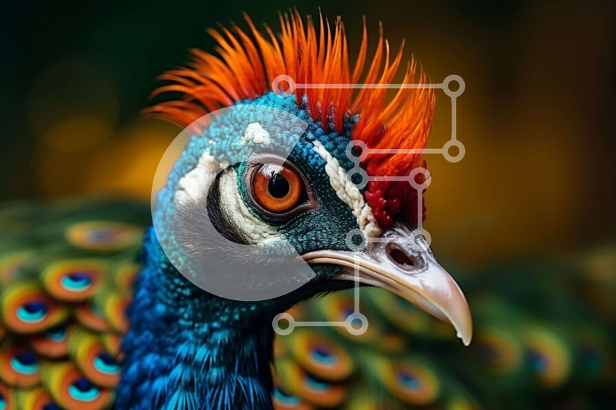 Intra Συλλεκτικό Ξύλινο Παζλ Plywood  4mm - Κοντινή όψη του κεφαλιού ενός παγωνιού με ζωντανά φτερά Σε Ξύλινο Κουτί - Διαστάσεις: 10x10 cm – 25 κομμάτια