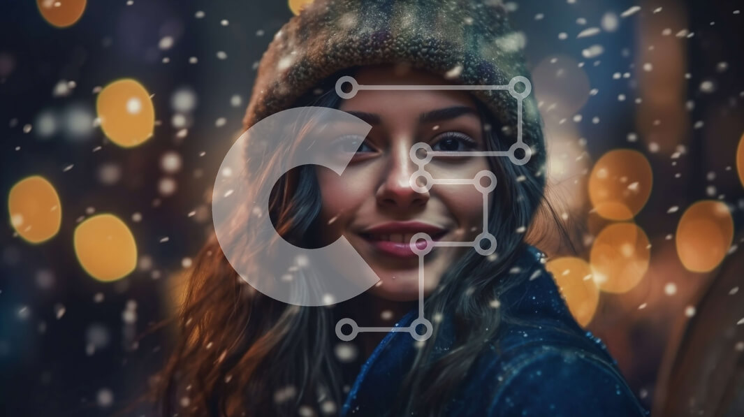 Intra Συλλεκτικό Ξύλινο Παζλ Plywood  4mm - Άνετη χειμερινή εικόνα της γυναίκας με Beanie και κασκόλ που χαμογελά στη Snowy Street Σε Ξύλινο Κουτί - Διαστάσεις Puzzle: 10x10 cm – 25 κομμάτια