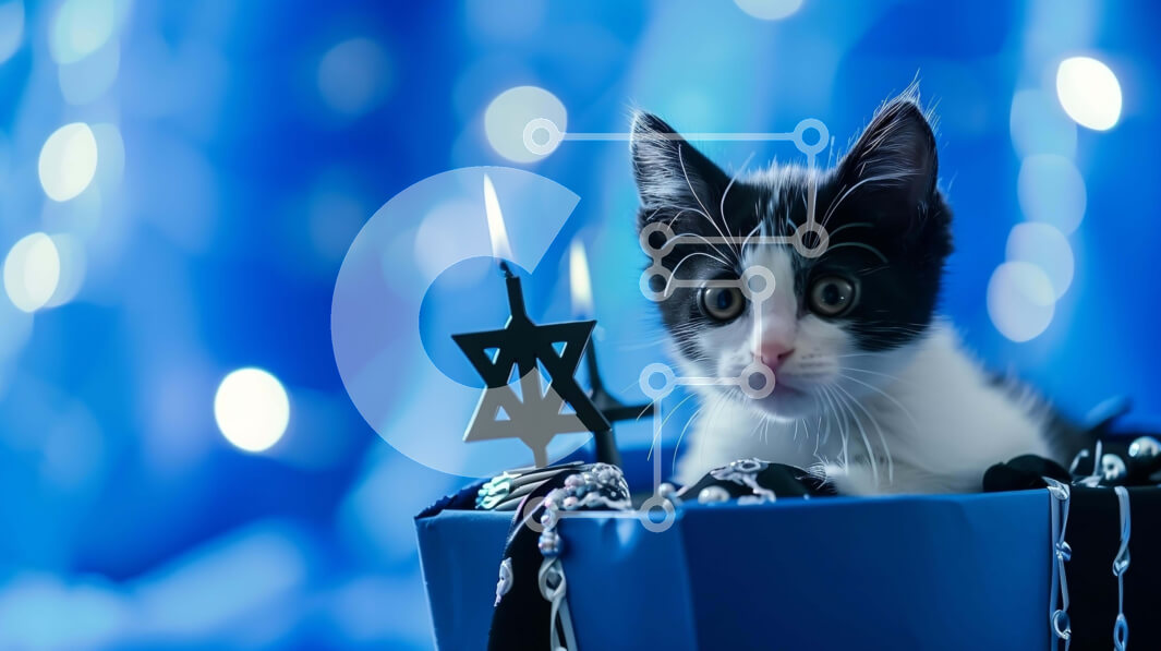 Intra Συλλεκτικό Ξύλινο Παζλ Plywood  4mm - Ασπρόμαυρο γατάκι που γιορτάζει το Χανουκά σε ανοιχτό κουτί Σε Ξύλινο Κουτί - Διαστάσεις: 10x10 cm – 25 κομμάτια