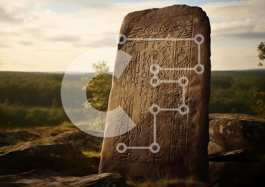 Intra Συλλεκτικό Ξύλινο Παζλ Plywood  4mm - Αρχαία πέτρα με επιγραφές σε χορταριασμένο πεδίο Σε Ξύλινο Κουτί - Διαστάσεις Puzzle: 10x10 cm – 25 κομμάτια