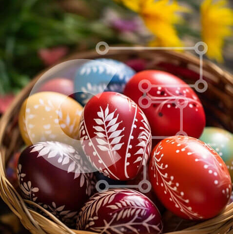 Intra Συλλεκτικό Ξύλινο Παζλ Plywood 4mm - Πολύχρωμο καλάθι με πασχαλινά αυγά με λουλουδάτα σχέδια Σε Ξύλινο Κουτί - Διαστάσεις: 10x10 cm – 25 κομμάτια - Image 1