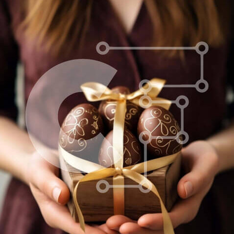 Intra Συλλεκτικό Ξύλινο Παζλ Plywood  4mm - Γυναίκα που κρατά ένα ξύλινο κουτί με σοκολατένια αυγά Πάσχας με χρυσές κορδέλες και φιόγκους Σε Ξύλινο Κουτί - Διαστάσεις: 10x10 cm – 25 κομμάτια - Image 1