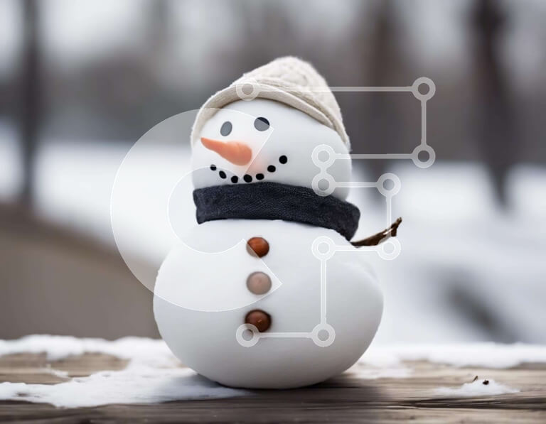 Intra Συλλεκτικό Ξύλινο Παζλ Plywood  4mm - Ειδώλιο χιονάνθρωπου σε εξωτερικό ξύλινο τραπέζι σε χιονισμένο τοπίο Σε Ξύλινο Κουτί - Διαστάσεις Puzzle: 10x10 cm – 25 κομμάτια