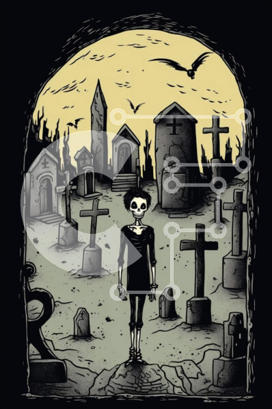 Intra Συλλεκτικό Ξύλινο Παζλ Plywood  4mm - Τρομακτικός σκελετός στην εικονογράφηση στοιχειωμένο νεκροταφείο Σε Ξύλινο Κουτί - Διαστάσεις: 10x10 cm – 25 κομμάτια