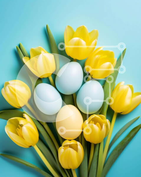 Intra Συλλεκτικό Ξύλινο Παζλ Plywood  4mm - Κίτρινο και μπλε μπουκέτο τουλίπας με πασχαλινά αυγά σε κομψό μπλε φόντο Σε Ξύλινο Κουτί - Διαστάσεις Puzzle: 10x10 cm – 25 κομμάτια