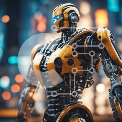 Intra Συλλεκτικό Ξύλινο Παζλ Plywood  4mm - Κίτρινο ρομπότ με μπλε μάτια σε αστικό περιβάλλον Σε Ξύλινο Κουτί - Διαστάσεις Puzzle: 10x10 cm – 25 κομμάτια - Image 1