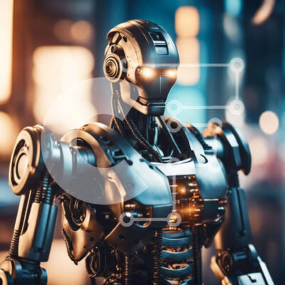 Intra Συλλεκτικό Ξύλινο Παζλ Plywood 4mm - Ρομπότ που στέκεται μπροστά από το φωτισμένο αστικό τοπίο Σε Ξύλινο Κουτί - Διαστάσεις Puzzle: 10x10 cm – 25 κομμάτια - Image 1