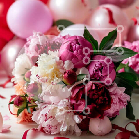 Intra Συλλεκτικό Ξύλινο Παζλ Plywood 4mm - Γιορτή του Αγίου Βαλεντίνου με ροζ και κόκκινα λουλούδια και μπαλόνια Σε Ξύλινο Κουτί - Διαστάσεις: 10x10 cm – 25 κομμάτια - Image 1