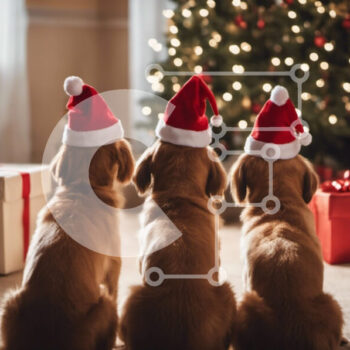 Intra Συλλεκτικό Ξύλινο Παζλ Plywood  4mm - Τρία σκυλιά που φορούν καπέλα Άγιου Βασίλη μπροστά από ένα χριστουγεννιάτικο δέντρο Σε Ξύλινο Κουτί - Διαστάσεις Puzzle: 10x10 cm – 25 κομμάτια - Image 1