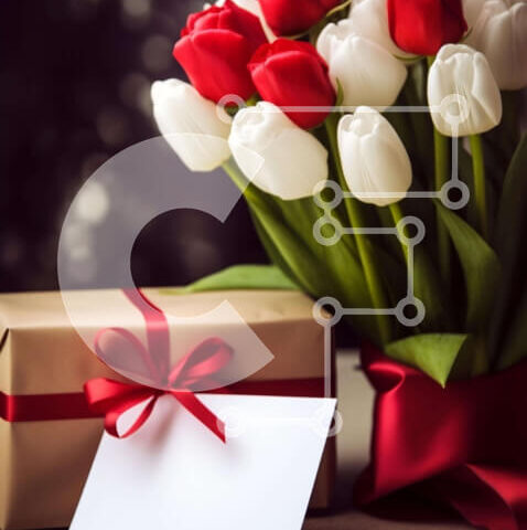 Intra Συλλεκτικό Ξύλινο Παζλ Plywood 4mm - Μπουκέτο με κόκκινες και λευκές τουλίπες με κουτί δώρου και κάρτα Σε Ξύλινο Κουτί - Διαστάσεις: 10x10 cm – 25 κομμάτια - Image 1