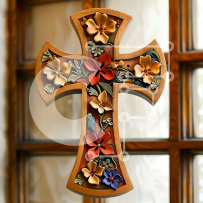 Intra Συλλεκτικό Ξύλινο Παζλ Plywood 4mm - Διακοσμημένος Ξύλινος Σταυρός με πολύχρωμα λουλούδια Σε Ξύλινο Κουτί - Διαστάσεις Puzzle: 10x10 cm – 25 κομμάτια - Image 1