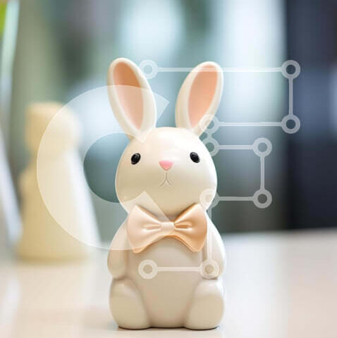 Intra Συλλεκτικό Ξύλινο Παζλ Plywood  4mm - Λευκό ειδώλιο λαγουδάκι με πορτοκαλί παπιγιόν στο τραπέζι Σε Ξύλινο Κουτί - Διαστάσεις: 10x10 cm – 25 κομμάτια - Image 1