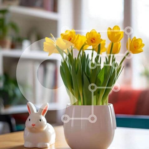 Intra Συλλεκτικό Ξύλινο Παζλ Plywood  4mm - Ανοιξιάτικο ντεκόρ με κίτρινα λουλούδια και λαγουδάκι Σε Ξύλινο Κουτί - Διαστάσεις Puzzle: 10x10 cm – 25 κομμάτια - Image 1