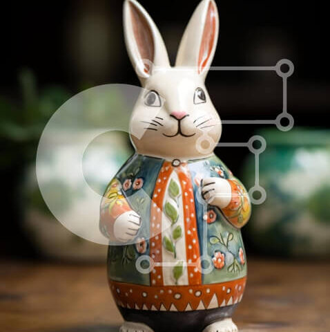 Intra Συλλεκτικό Ξύλινο Παζλ Plywood  4mm - Πολύχρωμο κεραμικό ειδώλιο λαγουδάκι σε αντίκες ξύλινο τραπέζι Σε Ξύλινο Κουτί - Διαστάσεις: 10x10 cm – 25 κομμάτια - Image 1