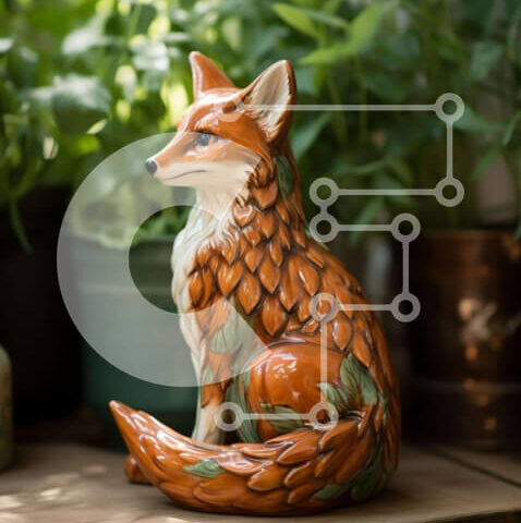 Intra Συλλεκτικό Ξύλινο Παζλ Plywood  4mm - Κεραμικό ειδώλιο αλεπούς σε ξύλινο τραπέζι με φυτά σε γλάστρες Σε Ξύλινο Κουτί - Διαστάσεις Puzzle: 10x10 cm – 25 κομμάτια - Image 1