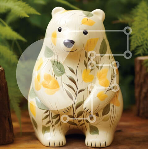 Intra Συλλεκτικό Ξύλινο Παζλ Plywood  4mm - Ειδώλιο λευκής αρκούδας με κίτρινα λουλούδια και πράσινα φύλλα σε ξύλινο τραπέζι Σε Ξύλινο Κουτί - Διαστάσεις: 10x10 cm – 25 κομμάτια - Image 1