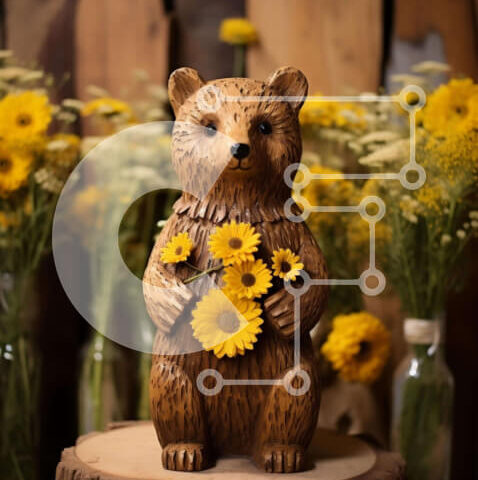 Intra Συλλεκτικό Ξύλινο Παζλ Plywood  4mm - Ξύλινο άγαλμα αρκούδας με κίτρινα λουλούδια Σε Ξύλινο Κουτί - Διαστάσεις: 10x10 cm – 25 κομμάτια - Image 1