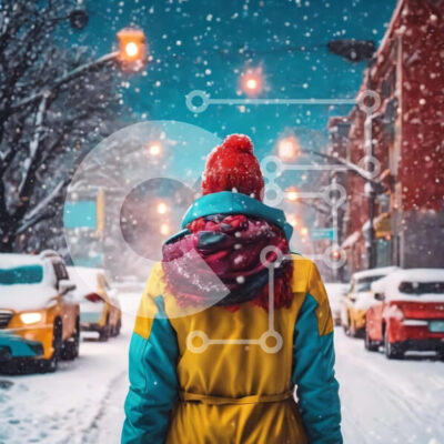 Intra Συλλεκτικό Ξύλινο Παζλ Plywood  4mm - Άτομο που περπατά στο χιονισμένο δρόμο τη νύχτα με αυτοκίνητα και λεωφορεία στο παρασκήνιο Σε Ξύλινο Κουτί - Διαστάσεις Puzzle: 10x10 cm – 25 κομμάτια - Image 1