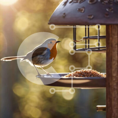 Intra Συλλεκτικό Ξύλινο Παζλ Plywood  4mm - Μικρό πουλί που απολαμβάνει ένα γεύμα σε μια εξωτερική τροφοδοσία πουλιών Σε Ξύλινο Κουτί - Διαστάσεις: 10x10 cm – 25 κομμάτια - Image 1