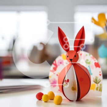 Intra Συλλεκτικό Ξύλινο Παζλ Plywood  4mm - Πολύχρωμο Πασχαλινό λαγουδάκι στο γραφείο Σε Ξύλινο Κουτί - Διαστάσεις Puzzle: 10x10 cm – 25 κομμάτια - Image 1