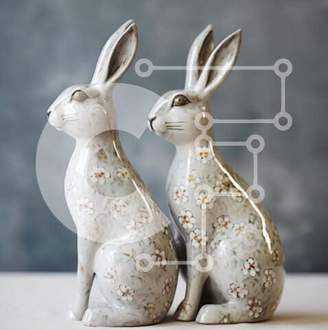 Intra Συλλεκτικό Ξύλινο Παζλ Plywood  4mm - Δύο κεραμικά ειδώλια κουνελιών με λουλουδάτα σχέδια Σε Ξύλινο Κουτί - Διαστάσεις: 10x10 cm – 25 κομμάτια - Image 1