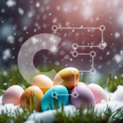 Intra Συλλεκτικό Ξύλινο Παζλ Plywood  4mm - Πολύχρωμα Πασχαλινά αυγά στο χιόνι με τις νιφάδες χιονιού που πέφτουν Σε Ξύλινο Κουτί - Διαστάσεις: 10x10 cm – 25 κομμάτια - Image 1