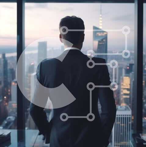 Intra Συλλεκτικό Ξύλινο Παζλ Plywood  4mm - Επιχειρηματίας που στέκεται μπροστά από το παράθυρο του γραφείου με θέα στον ορίζοντα της πόλης Σε Ξύλινο Κουτί - Διαστάσεις Puzzle: 10x10 cm – 25 κομμάτια - Image 1