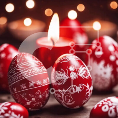 Intra Συλλεκτικό Ξύλινο Παζλ Plywood 4mm - Κόκκινα Πασχαλινά αυγά και εορταστικές λαμπάδες Σε Ξύλινο Κουτί - Διαστάσεις: 10x10 cm – 25 κομμάτια - Image 1