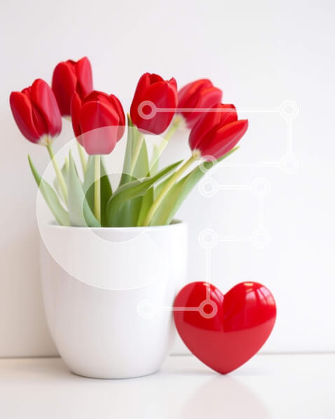 Intra Συλλεκτικό Ξύλινο Παζλ Plywood  4mm - Κόκκινες τουλίπες σε μια λευκή γλάστρα με αντικείμενο σε σχήμα καρδιάς Σε Ξύλινο Κουτί - Διαστάσεις Puzzle: 10x10 cm – 25 κομμάτια