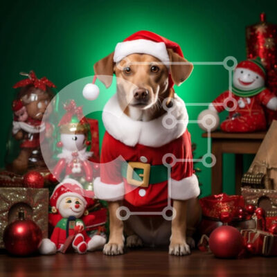 Intra Συλλεκτικό Ξύλινο Παζλ Plywood  4mm - Σκύλος ντυμένος Άγιος Βασίλης με χριστουγεννιάτικα στολίδια και παιχνίδια Σε Ξύλινο Κουτί - Διαστάσεις: 10x10 cm – 25 κομμάτια - Image 1