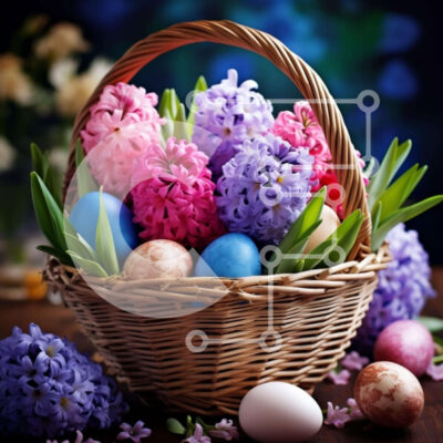 Intra Συλλεκτικό Ξύλινο Παζλ Plywood  4mm - Πολύχρωμα Πασχαλινά αυγά και υάκινθοι σε ένα ψάθινο καλάθι Σε Ξύλινο Κουτί - Διαστάσεις: 10x10 cm – 25 κομμάτια - Image 1