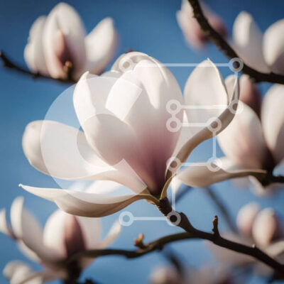 Intra Συλλεκτικό Ξύλινο Παζλ Plywood 4mm - Όμορφο λευκό λουλούδι Magnolia σε πλήρη άνθιση ενάντια σε έναν καθαρό μπλε ουρανό Σε Ξύλινο Κουτί - Διαστάσεις: 10x10 cm – 25 κομμάτια - Image 1